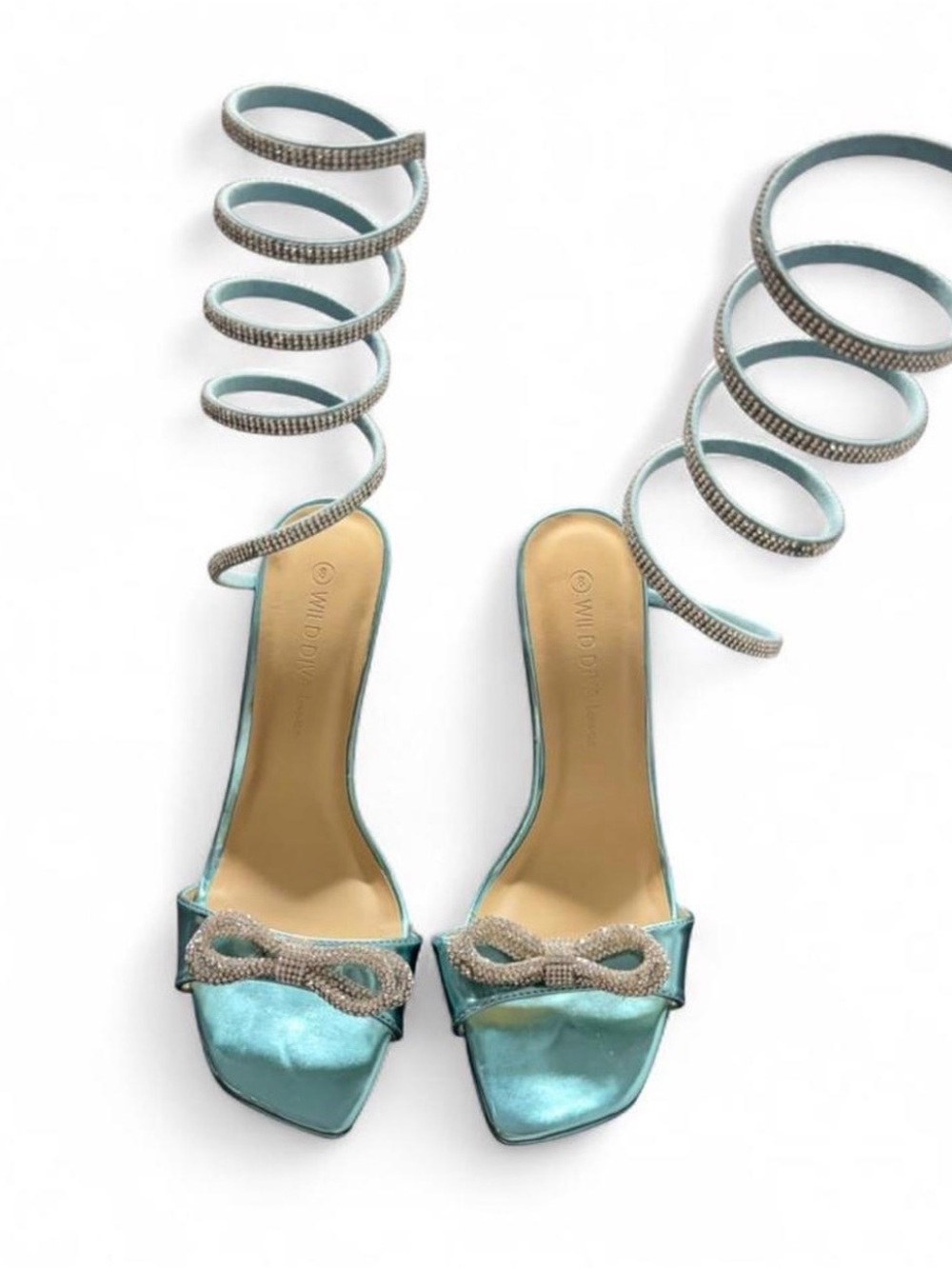 Spiral Wrap Aqua Satin Heeled Sandals with Crystal Bow